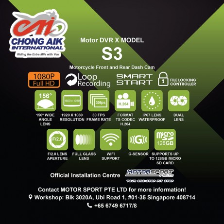 [READY TO ORDER] GLOBAL EAGLE Motorcycle DVR S MODEL S3 Dual Camera 1080p [PLUS FREE 32GB SD CARD]