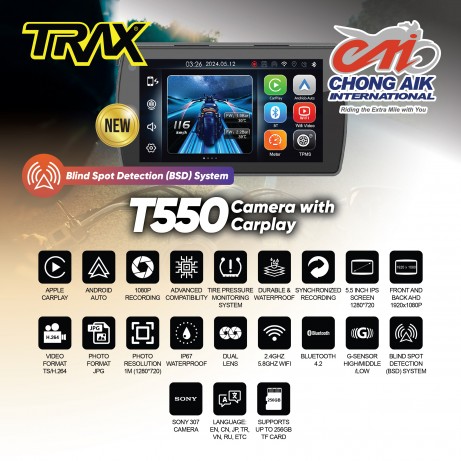 [READY TO ORDER] TRAX MOTORCYCLE DVR Camera with Carplay + BSD & TPM WP T550